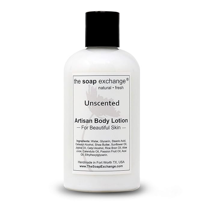 The Soap Exchange Body Lotion - Unscented Fragrance Free - Hand Crafted 8 fl oz / 240 ml Natural Artisan Skin Care for Hand, Face, & Body, Moisturize, Hydrate, & Protect. Made in the USA.