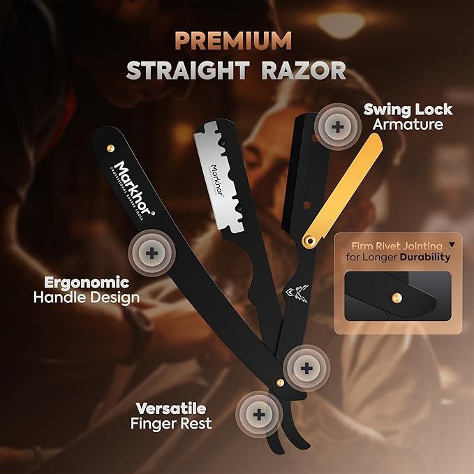 Markhor® Straight Razors for Men with 100 Single Edge Razor Blades | Matte Black with 24k Gold Platted Barber Straight Razor | Straight Edge Razor | Barber Razor Blade | Navajas Para Barbero