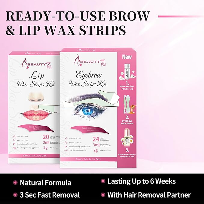 Beauty7 Wax Strips Kit, 2 SETS IN ONE PACKAGE. Eyebrow & Lip Facial Hair Removal with Pearl Powder Essential Oil for All Skin Types Women