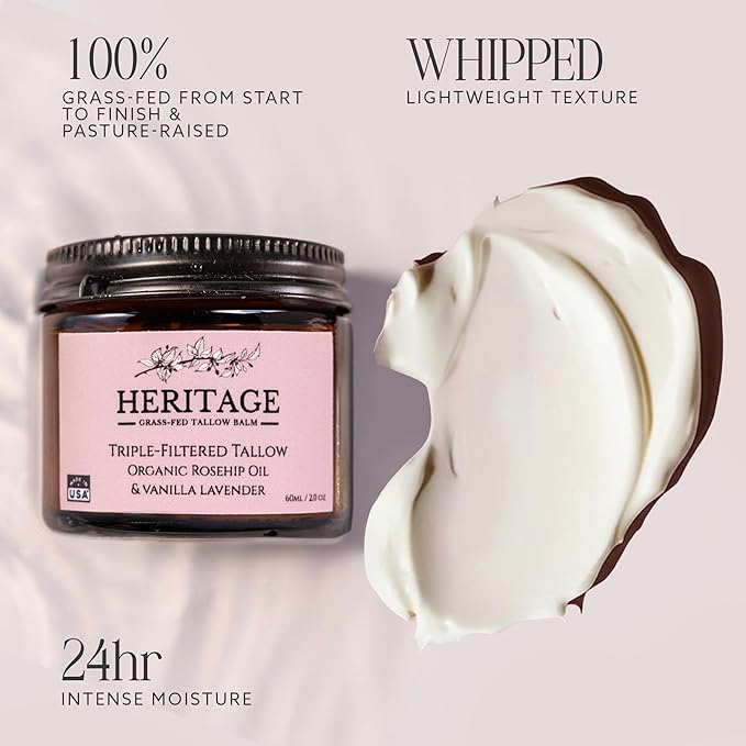 Whipped Beef Tallow for Skin Eczema - Infused Rosehip Oil & Lavender Essential Oil - Made in USA, Baby, Men, Women Natural Moisturizer for Body & Face, Wrinkle Repair Defense, Grass Fed Skincare 2 Oz