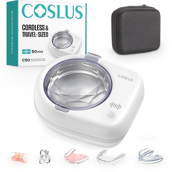 COSLUS Sonic Retainer Cleaner Machine: Cordless Professional Dental Cleaning Pod for Retainer, Aligner, Night Guard Deep Cleaning - Rechargeable Mini Travel Design, Quiet for Home Use with Timer