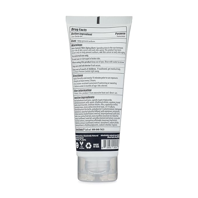 Absolutely Natural - SPF 8 Mineral Sunscreen - Water Resistant Moisturzing Lotion for Body & Face - Non-Nano Zinc Oxide, Vitamin E - 3 Oz