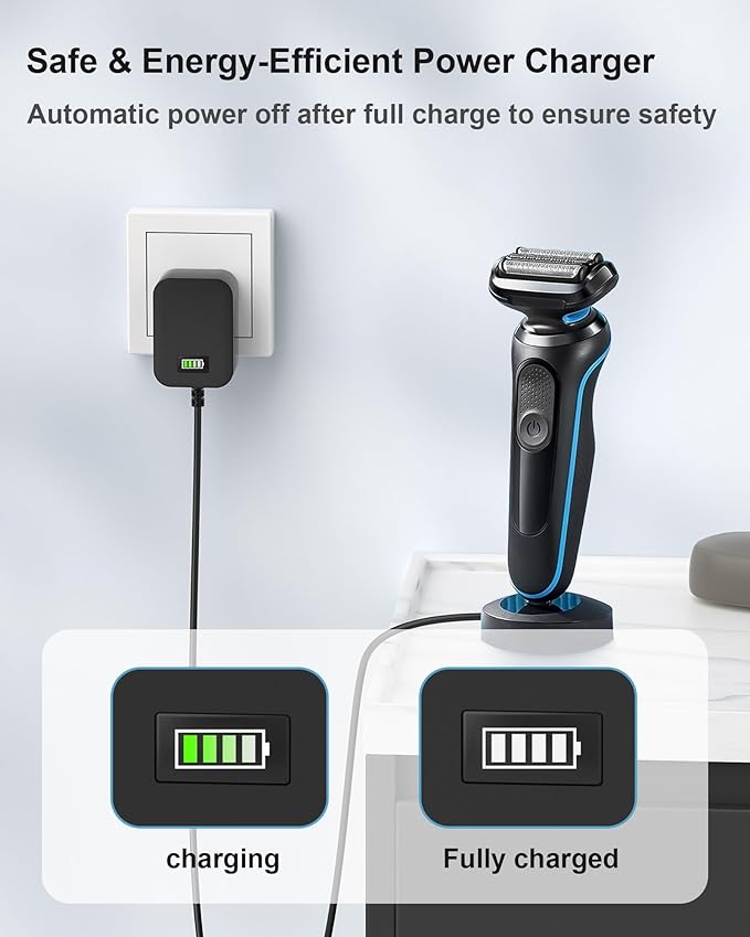 12V Charger Replacement for Braun Shaver Series 3/5/7/9/1, Auto Power Off & Charging Display 12V 400mA Power Cord Compatible with Braun Shaver Series Razor 3040s 310s 340S, 5018s, 740S and More Models