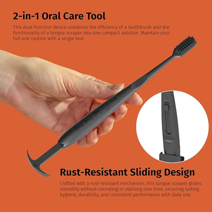 TOKII Tongue Scraper Toothbrush for Adults – Charcoal Soft Bristle Toothbrush with Built-in Tongue Cleaner, Bad Breath Control, Travel Size Toothbrush with Waterproof Pouch (Black, Pack of 1)