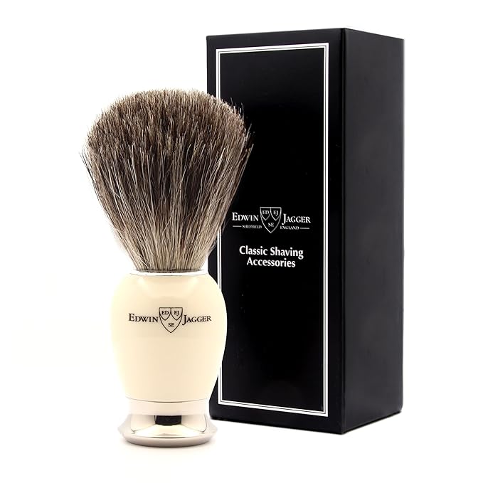 Edwin Jagger 81SB587AMZ Classic Imitation Ivory Pure Badger Exfoliating Shaving Brush with Stand for Shaving Cream or Shaving Soap for Men and Women (Ivory)