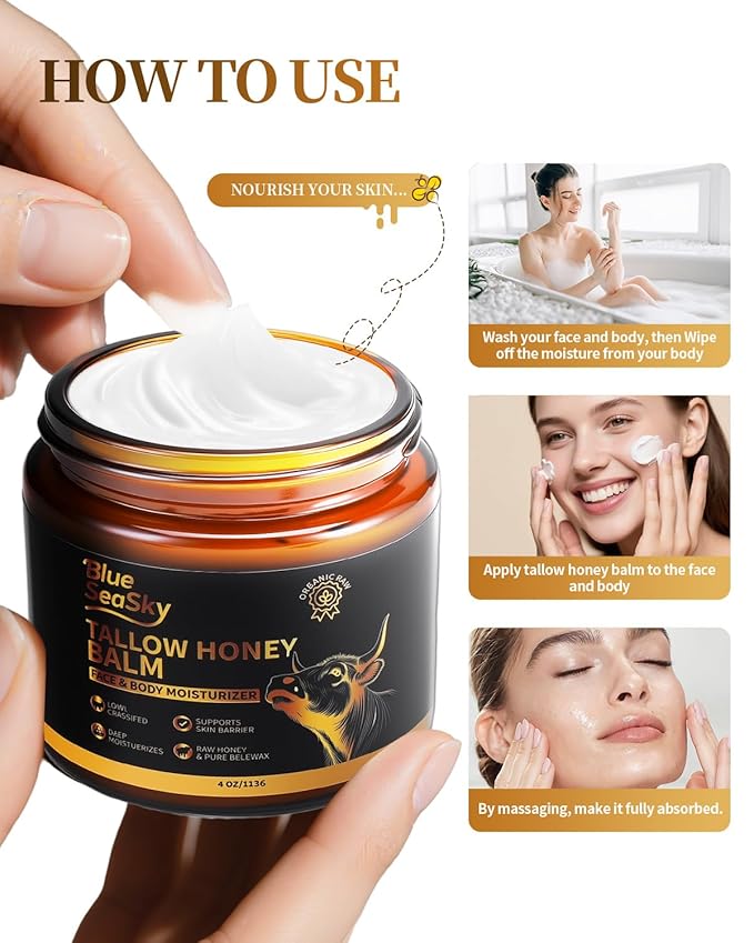 Organic Beef Tallow for Skin Grass-Fed Tallow Balm with Raw Wild & Honey Tallow Moisturizer for Eczema & Rosacea，Non-Comedogenic,Beef Tallow for Face Dry Sensitive Skin,4oz-Unscented- Jojoba Oil