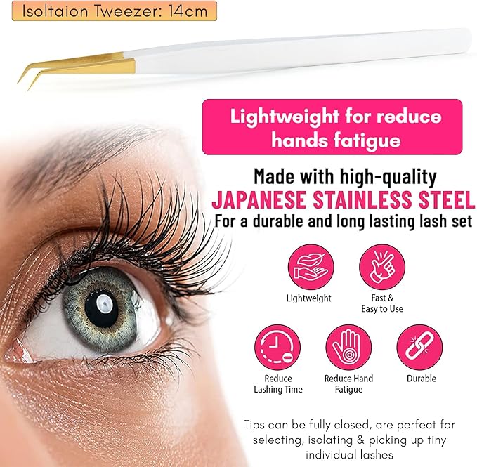 My Lash Tools Eyelash Extension Curved Degree Tweezers for Isolation Lash Extensions 14cm Best for Individual Isolation & Classic Lashes Japanese Stainless Steel Eyelash Twisers (Matte White Gold Tip)