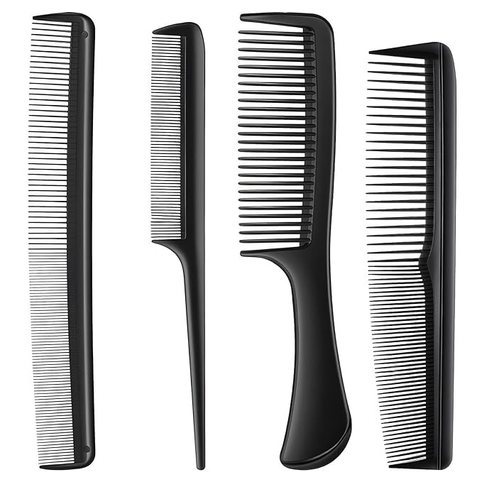 4 PCS Professional Black Combs Set for Women, Stylist Rat Tail Mens Beard Mustache Combs Fine Tooth for All Hair Types, Premium Hair Comb for Teasing and Parting, Everyday Styling