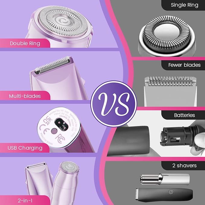 Bikini Trimmer for Women 2 in 1 Electric Razors for Women - Wet and Dry Electric Lady Shaver, Smooth Facial Hair Remover and Body Hair Trimmer for Bikini,Leg, Underarm, Face, Private Area (Purple)