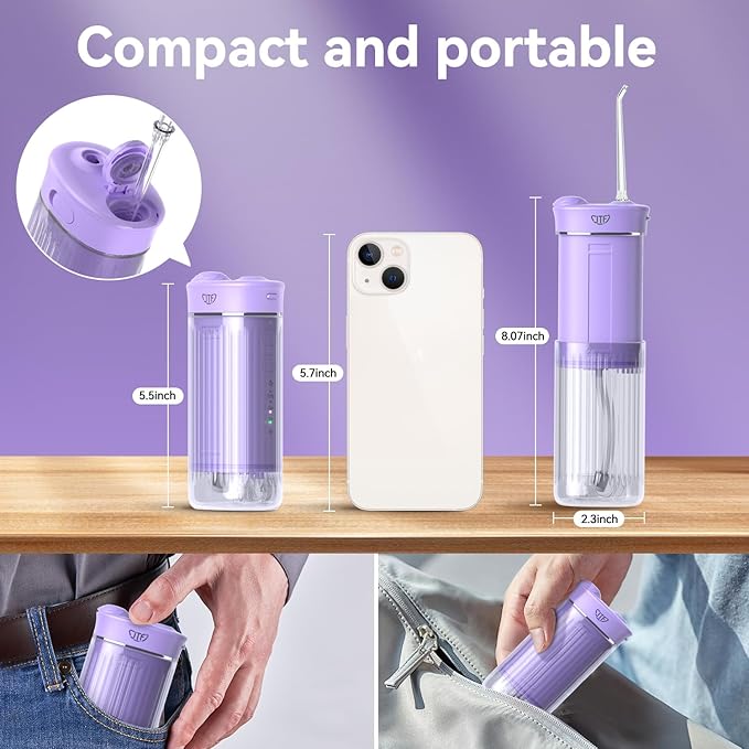 Portable Travel Water Flosser, Water Teeth Cleaner Pick,Mini Portable Oral Irrigator, Telescopic Water Tank, 5 Nozzles, IPX7 Waterproof, Cordless Water Flosser for Teeth, Gums