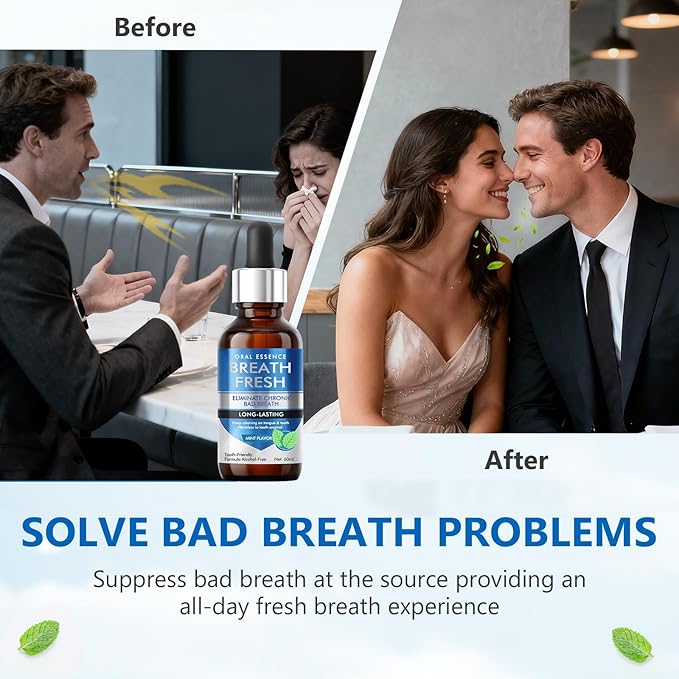 Bad Breath Treatment for Adults, Breath Drops for Fresh Breath, Fast-Acting, Long-Lasting, Natural, Alcohol-Free, Boosts Confidence for Socializing, Daily Oral Care, 60ML