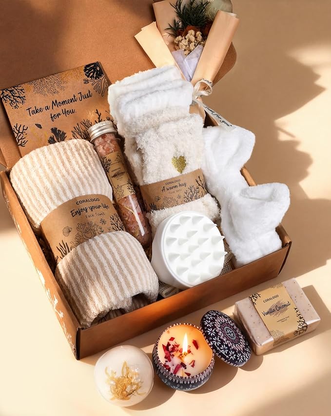Coralogo Natural Spa Gift Baskets - Natural Pampering Spa Set, Self-Care Get Well Soon Basket,Thank You Gifts, Unique 11pcs Gift Set for Birthday Christmas Valentines Day Mothers Day