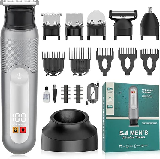 SUNNOW Electric 5-in-1 Body Hair Trimmer - Groin Trimmer for Men -Beard Trimmer for Men - Wet/Dry Shaver Groomer, Waterproof with LED Light, Gifts for Husband Father