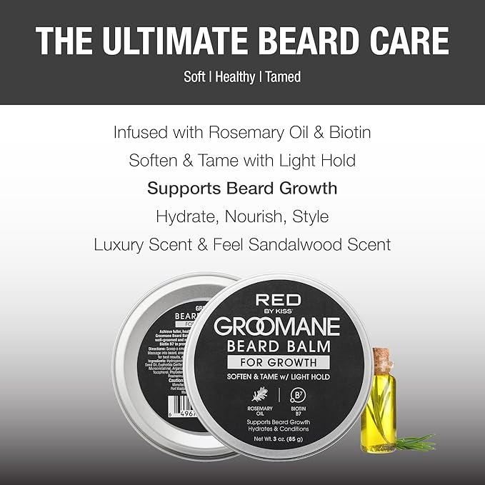 Red by Kiss Groomane Beard Balm Sandalwood, 3oz, Soften & Tame, Light Hold, Promotes Full, Healthy Look Beard Strengthen Facial Hair, Reduce Breakage
