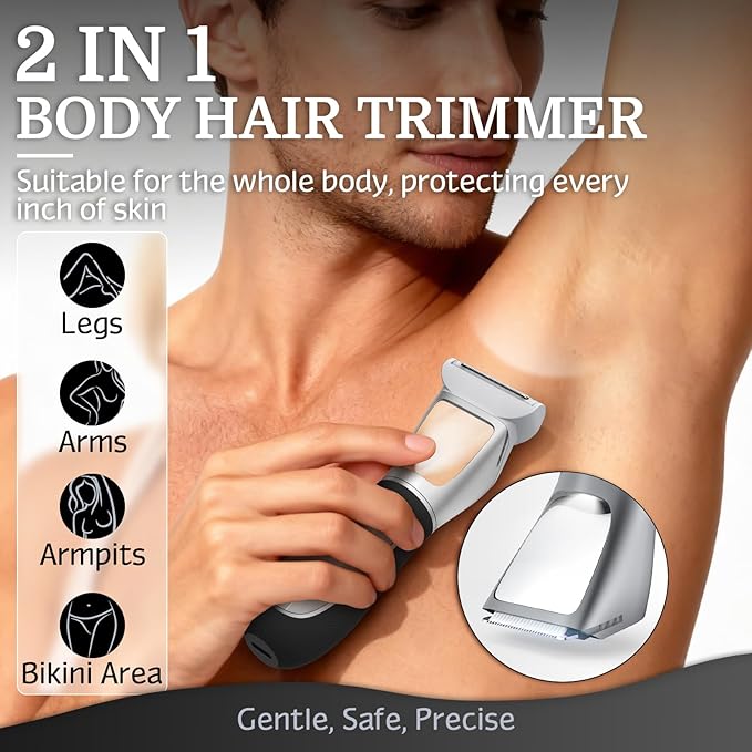 Bikini Trimmer for Women Men, 2 in 1 Electric Razors Shaver, IPX7 Waterproof Body Hair Trimmer with Mirror, LED Light & Display, Painless Pubic Hair Removal, Silver