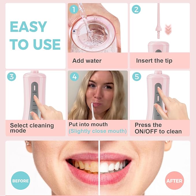 2026 New 350ML Water Flosser with Drainage & Storage Stand, Keeps Dry & Clean, 5 Modes, 360°Nozzle, Cordless Rechargeable, IPX7 Waterproof, Portable for Home & Travel (Pink)