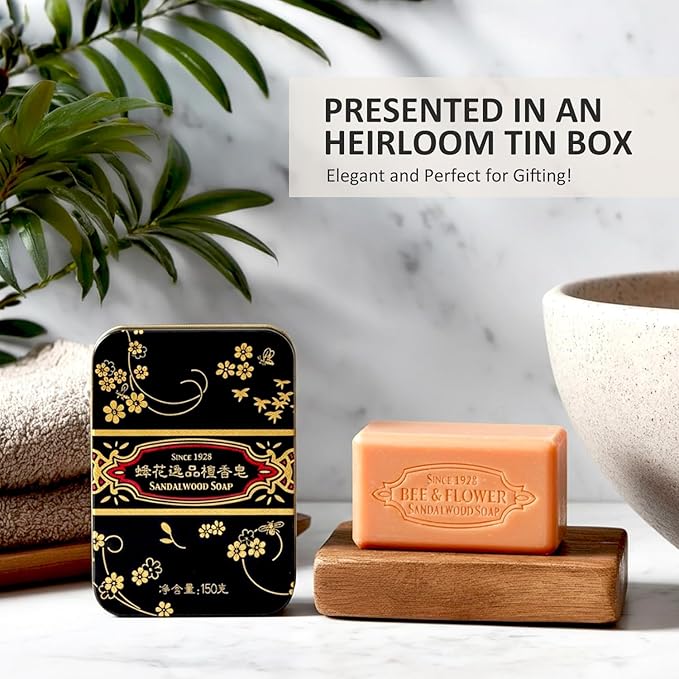 Bee & Flower Soap Bar Sandalwood Soap Gift Tin Box Bath Bar Soaps for Face and Body, Men and Women (5.3 oz)