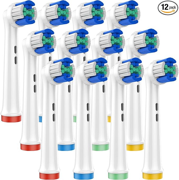 Replacement Toothbrush Heads with Precision Cleaning, 12 Pack with Color-Coded Rings for Family – Compatible with Oral-B Braun, Fits 7000/Pro 1000/500/3000 Series – Medium Stiffness