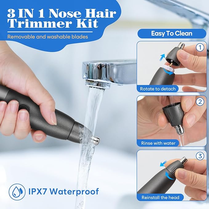 Weesiber 3 in 1 Nose Hair Trimmer for Men - Rechargeable Nose Trimming Kit, Painless Eyebrow Clippers for Women, IPX7 Waterproof Facial Sideburns Trimmer with LED Power Display (Black)