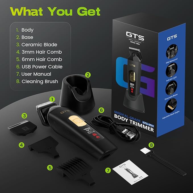 Electric Body Hair Trimmer for Men - Multi-Angle Ceramic Blade with LED Screen & 7000RPM Adjustable Speed, IPX6 Waterproof Pubic/Ball/Groin Shaver Kit, USB/Dock Charging, 90min Runtime, Box