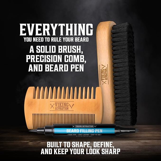 Viking Revolution Ultimate Beard Care Collection - Gifts for Men Includes Oil, Balm, Brush, Comb and Pen - Beard Kit for Men with Sandalwood, Spiced Vanilla, Coffee Whiskey, Sweet Tobacco