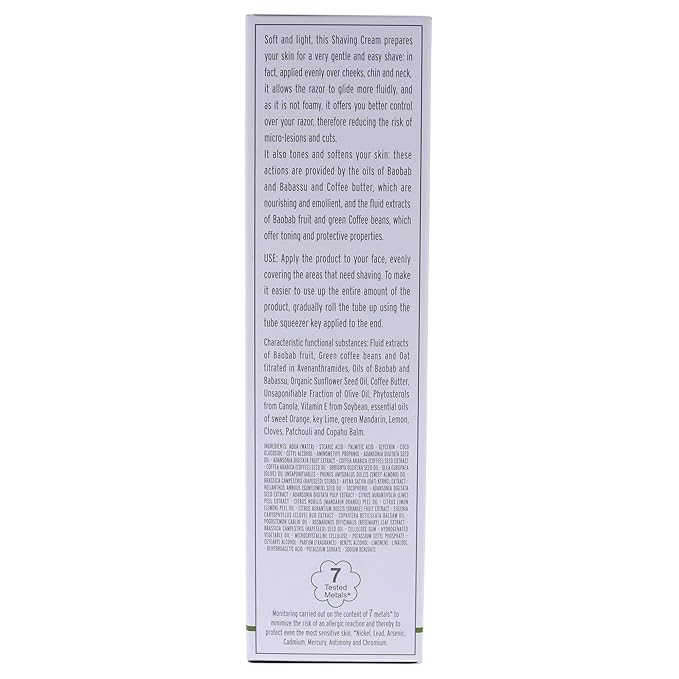 L'Erbolario Baobab and Green Coffee Shaving Cream - Non Foaming for More Razor Control - Emollient Action Prepares Your Skin for A Very Gentle and Easy Shave - Tones and Softens Your Skin - 5.07 Oz