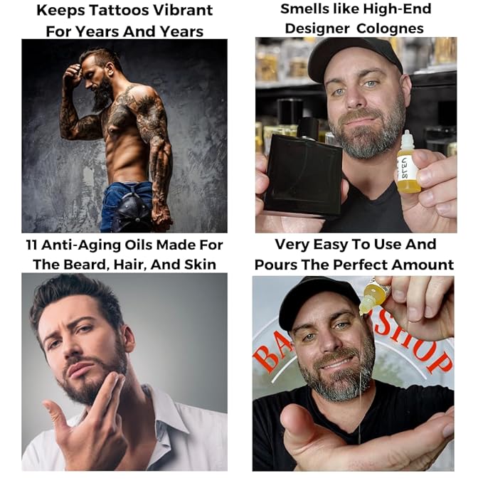 Anti-Aging Beard Oil for Men | Premium, Designer-Inspired Scents | 11 Natural Oils, Plant Retinol, Castor Oil for Growth | Masculine Luxury (Erus,Guilty Black) 2-0.5oz=1oz Sample Pack