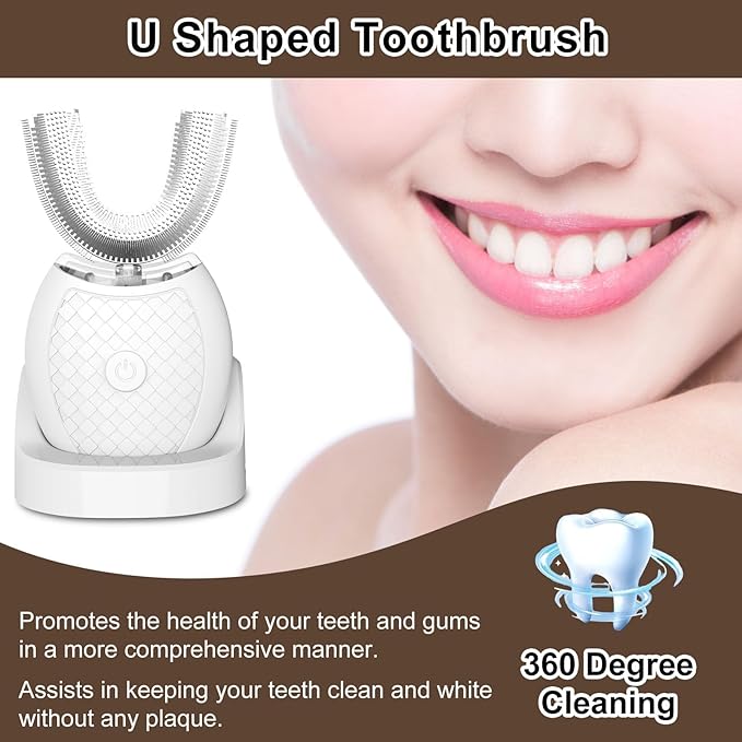 Electric Toothbrush for Adults, U Shaped Automatic Toothbrush for 360-degree Cleaning, 3 Modes for Whitening, Wireless Charging Kit for Travel or Home(White)