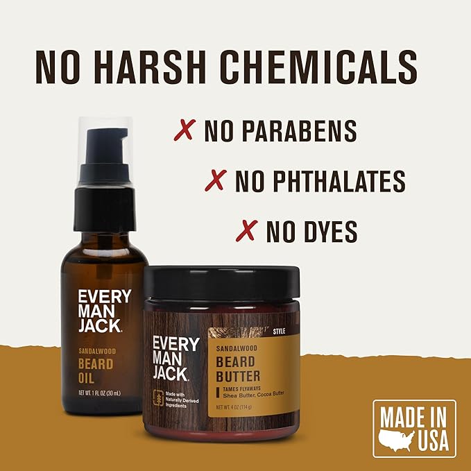 Every Man Jack Beard Oil & Scruff Softening Butter Bundle - Sandalwood Fragrance - Rejuvenates, Hydrates & Styles Dry Beards - Naturally Derived with Cocoa Butter and Shea Butter