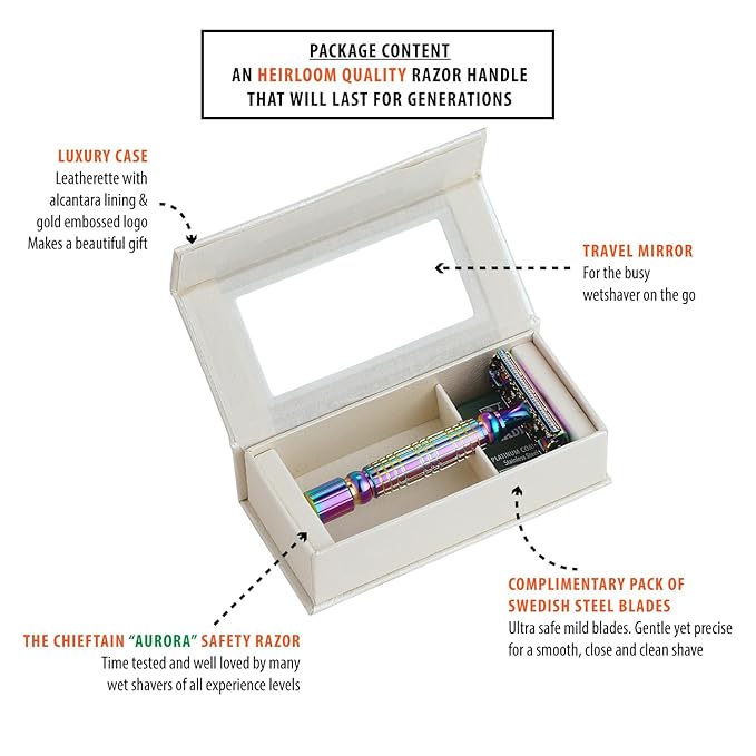 VIKINGS BLADE Double Edge Safety Razor + 5 Swedish Steel Blades + Luxury Case. Smooth, Reusable, Recyclable (Chieftain "Aurora")