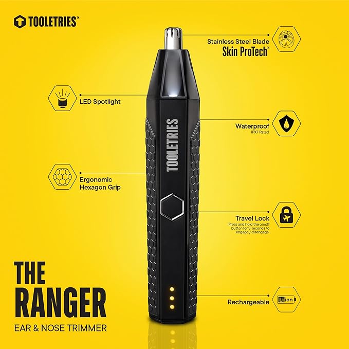 TOOLETRIES The Ranger - Electric Nose & Ear Hair Trimmer for Men, Wet/Dry Nose Clippers with Stainless Steel Blades, Waterproof, Rechargeable Li-Ion Battery, LED Spotlight, Travel Lock - Black