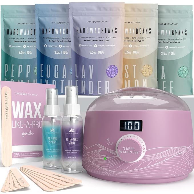 Tress Wellness Waxing Kit for Sensitive Skin – Safe for Face & Skin, Prep & Aftercare Spray, Easy to Use – At-Home Kit for Face, Bikini, Brazilian & Full Body - Digital Display, Misty Lilac