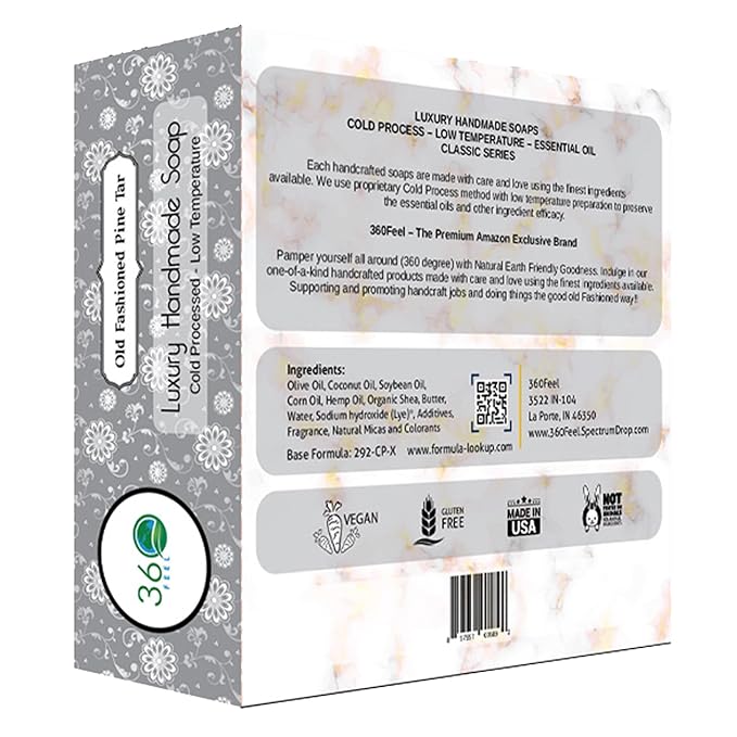 360Feel Pine Tar Bar Soap - Made in the USA - Castile Handmade, All-Natural, Cold-Processed - Infused with Pine Tar for Relaxation & Calm - Rich, Creamy Lather - (5oz)