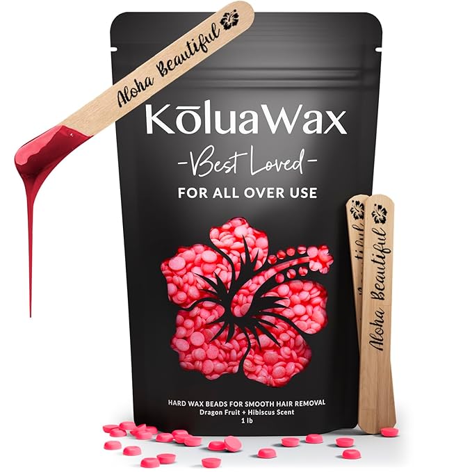 KoluaWax Hard Wax Beads for Hair Removal – Coarse Hair Formula – Face, Brazilian, Underarm, Back Chest, Bikini Waxing – Dragon Fruit & Hibiscus, 1lb Refill for Wax Warmers & 10 Applicator Sticks