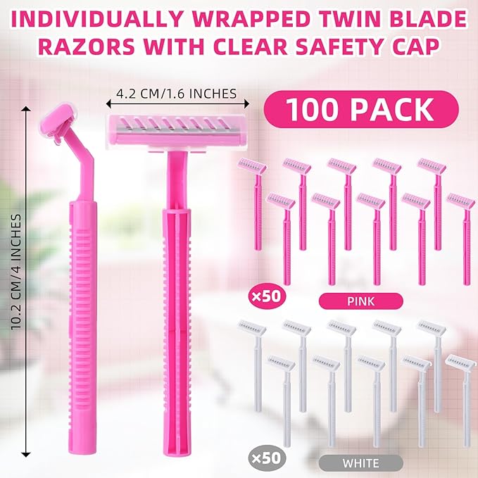 Hanaive Women's Disposable Razors Bulk Twin Blade Disposable Stainless Steel Hospitality Quality Shaver Multipurpose Portable Shave Razor Manual for Bathing Hotel Travel (Pink White,100 Pcs)