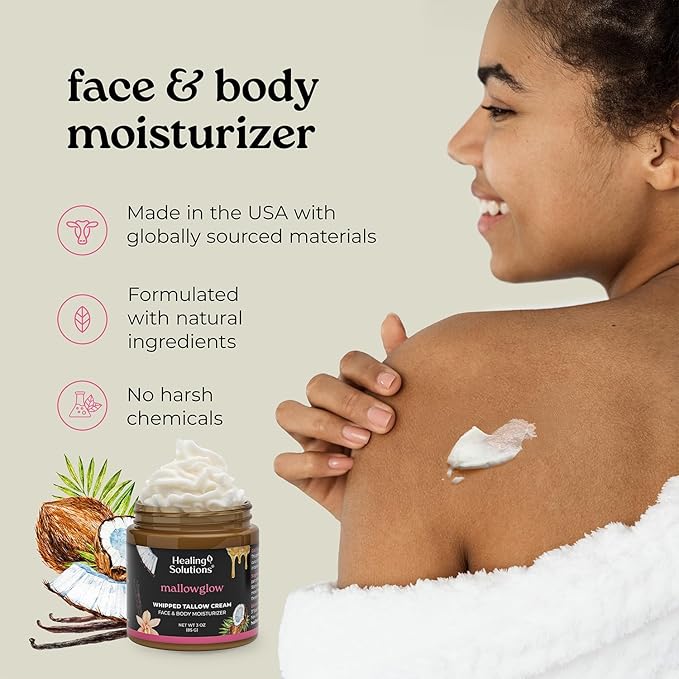 Healing Solutions - Whipped Tallow Balm, Vanilla Coconut Scent, Grass Fed/Grass Finished Beef Tallow with Organic Jojoba & Manuka Honey for Skin, Face & Body, All Natural Moisturizer, Made in USA