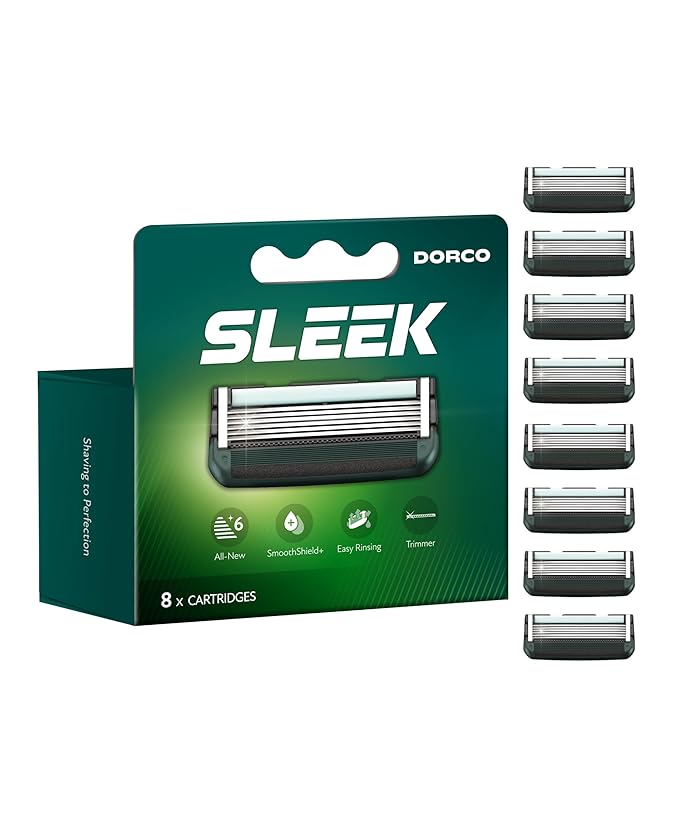 DORCO SLEEK Six Blade Razor System with Multi-Flex Technology Refill Set, Precision Shaving Razor Replacement Cartridge (8 Pack)