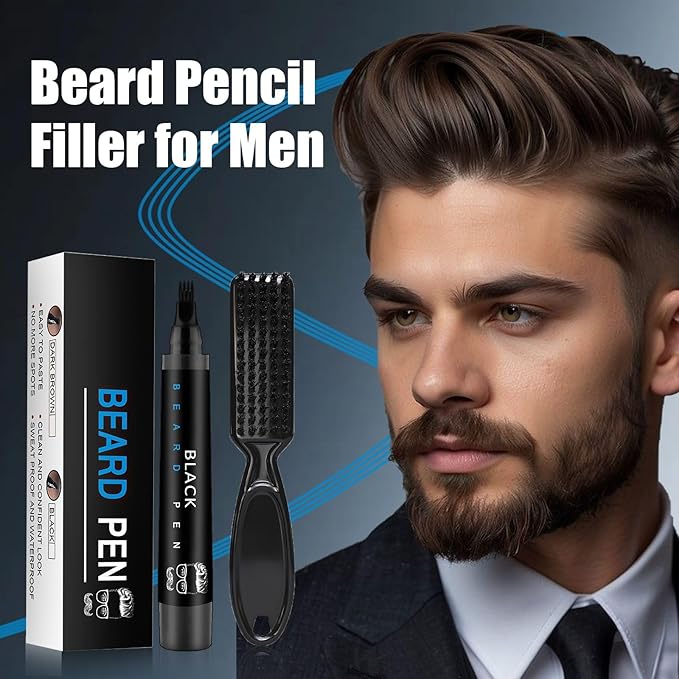 Beard Pencil Filler for Men Black - Beard Pen with Beard Brush Waterproof, Barber Pencil Long-Lasting Mens Grooming Kits Create Natural Beard Color Gifts for Men, Mens Gifts Ideas (Deep Black)