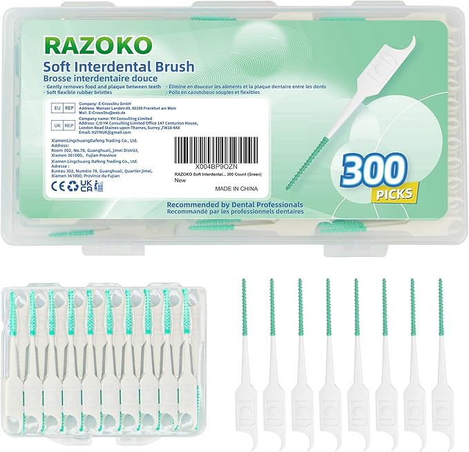 RAZOKO Soft Interdental Brushes Original, Dental Picks for Cleaning Teeth, Disposable Interdental Brushes, with Convenient Carry Case (Green, 300 Count)
