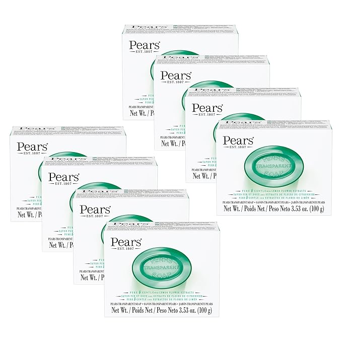 Pears Pure and Gentle with Glycerin and Lemon Flower Extracts - Transparent Soap Bar for Radiant Skin - Bar Soap for Women and Men - Green - 8 pc