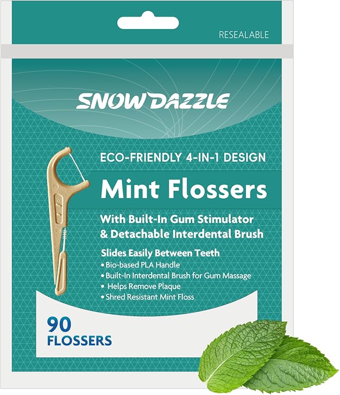 4-in-1 Eco-Friendly Dental Floss Picks with Interdental Brush, Tongue Cleaner, Toothpick, Mint Flavor, 90 Count