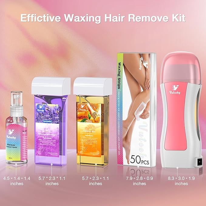 Roll on Wax Kit, Rolling Wax Hair Removal Kit for Women Men, Waxing Kit for Hair Removal, Roller Waxing Kit for All Skin Types, with Lavender and Honey Cartridges and 50 Pcs Strips