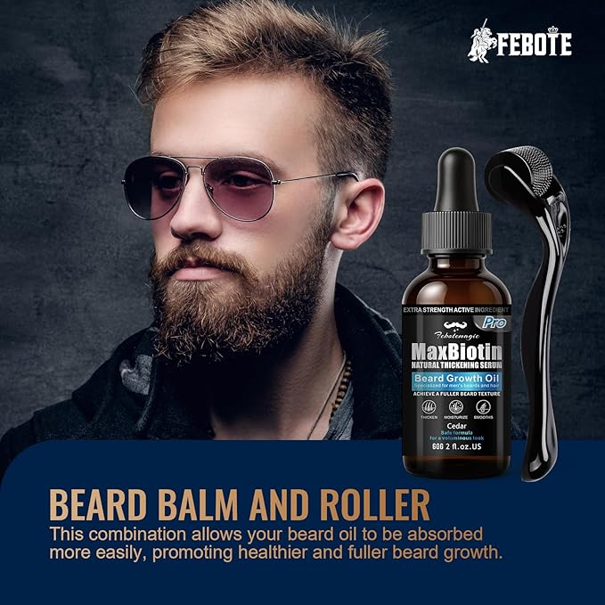 Biotin Beard Growth Kit for Men with Conditioning Oil and 0.25mm Massager Roller, Cedar Serum with Castor and Jojoba Oil, Grooming Softer Thicker Healthier-Looking Mustache Beard Care