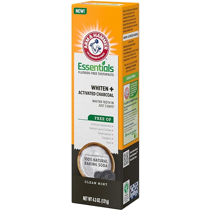 ARM & HAMMER Essentials Fluoride-Free Toothpaste, Whitening + Activated Charcoal Toothpaste, 4 Pack of 4.3oz Tubes, Clean Mint, 100% Natural Baking Soda