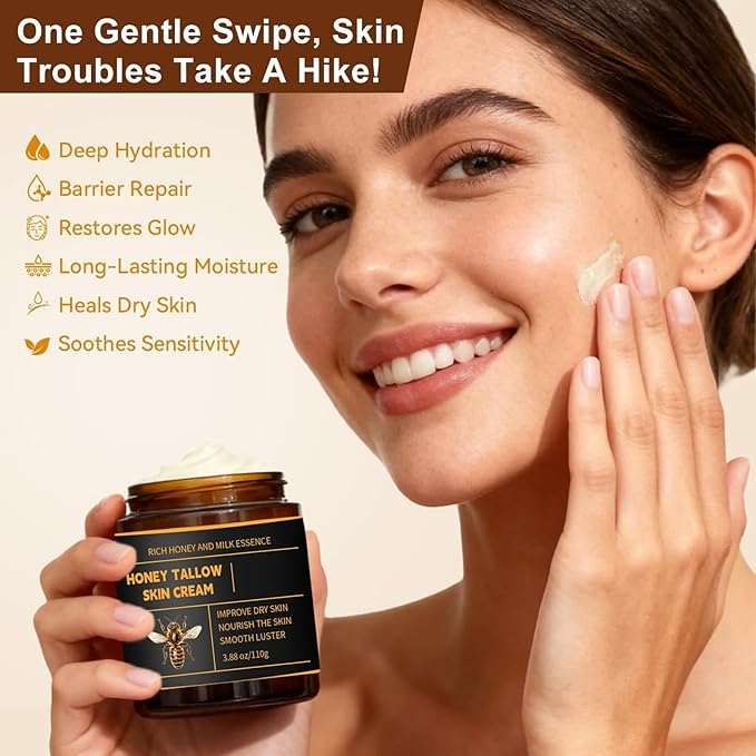 Beef Tallow Honey Balm for Skin & Face, Whipped Beef Tallow Face Moisturizer with Honey, Grass Fed Beef Tallow Cream, All Natural Pure Body Lotion for Women & Men Dry Sensitive Skin, 3.88 OZ