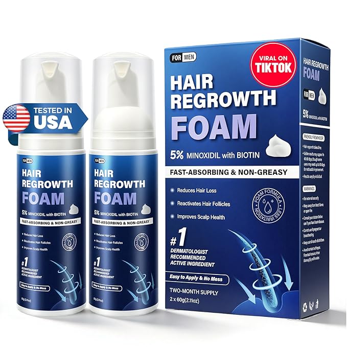 5% Minoxidil Foam for Men, Fast-Absorbing Non-Greasy Hair Regrowth Treatment for Thinning Hair & Beard, Clinically Proven, 2 x 2.11 Oz (2 Month Supply)