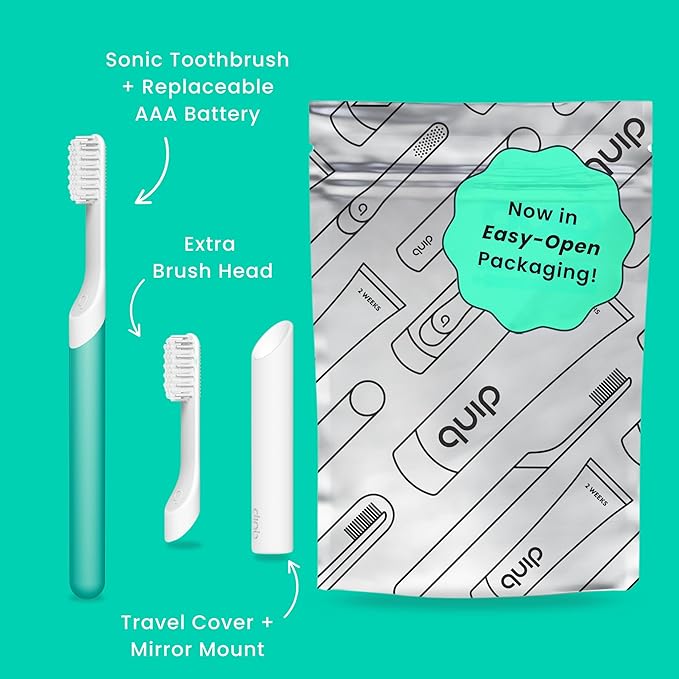 Quip Sonic Electric Toothbrush for Adults - Time Travel & Soft Bristles with Travel Case & Replacement Brush Head - 3 Month Battery Life, Plastic Handle - Green