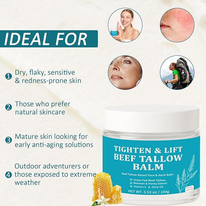 Beef Tallow for Skin - Firming Face Moisturizer for Women & Men, Anti-Aging SkinCare with Grass-Fed Tallow & Honey, Hydrating Balm to Tighten & Nourish Skin