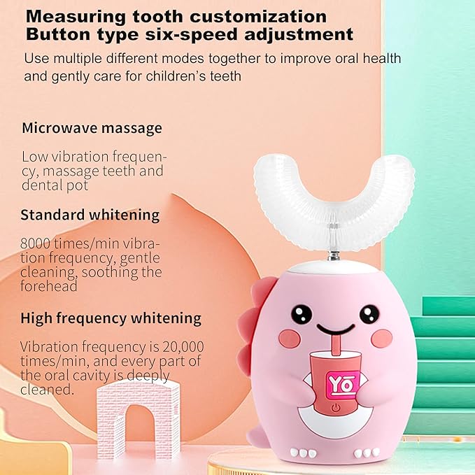 Ultrasonic Toothbrush, Cartoon Dragon 360 Degree Cleaning Simple Operation Kids Silicon Automatic Ultrasonic Teeth Brush Pink 2-6Years