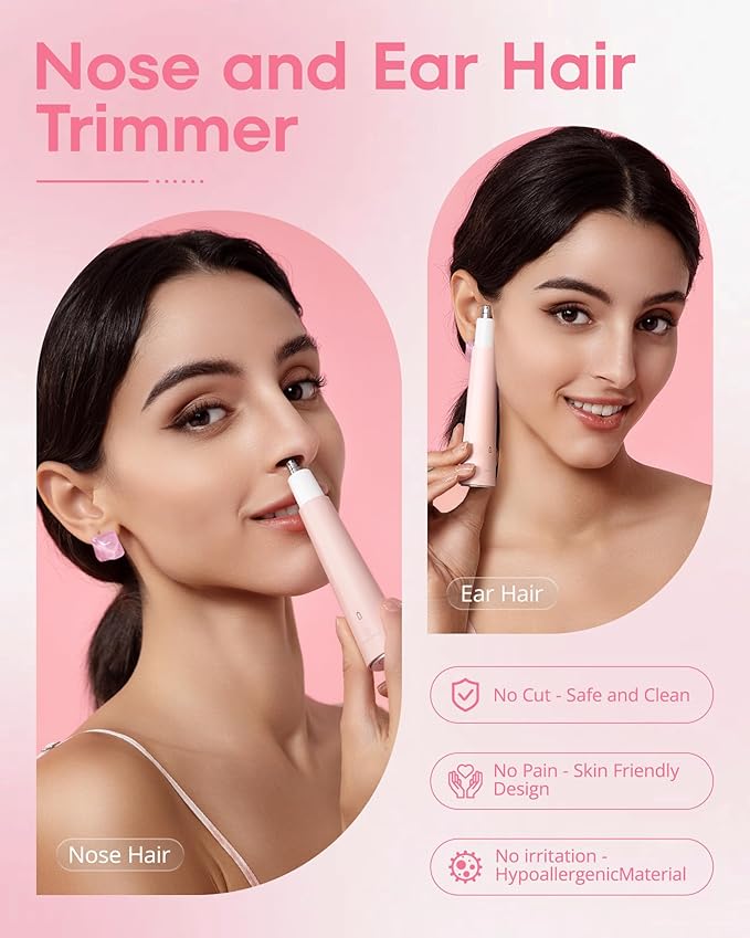 VG VOGCREST Nose Hair Trimmer for Women: Rechargeable Painless Eyebrow Trimmer - Low Noise Portable Facial Hair Removal for Ladies Aged 18-55 - Home Party Travel, Christmas Gifts (Bright Pink)